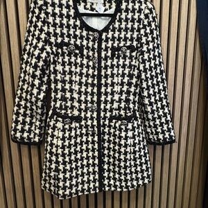 Classic Houndstooth Tweed Coat Jacket - Black & White